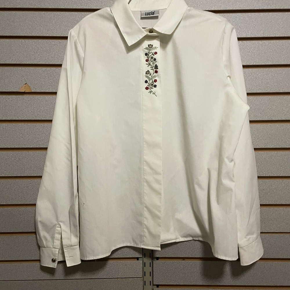 Lucia‎ Embroidered Floral Button Down Shirt Long Sleeve Career Office Sz Lg